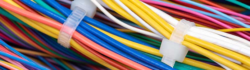 Bundle of colorful cabling with cable ties in telecommunication network